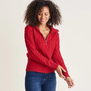 Venus Womens L Red Cable Knit 1/2 Zip Pullover Sweater Old Money Rhinestone Glam